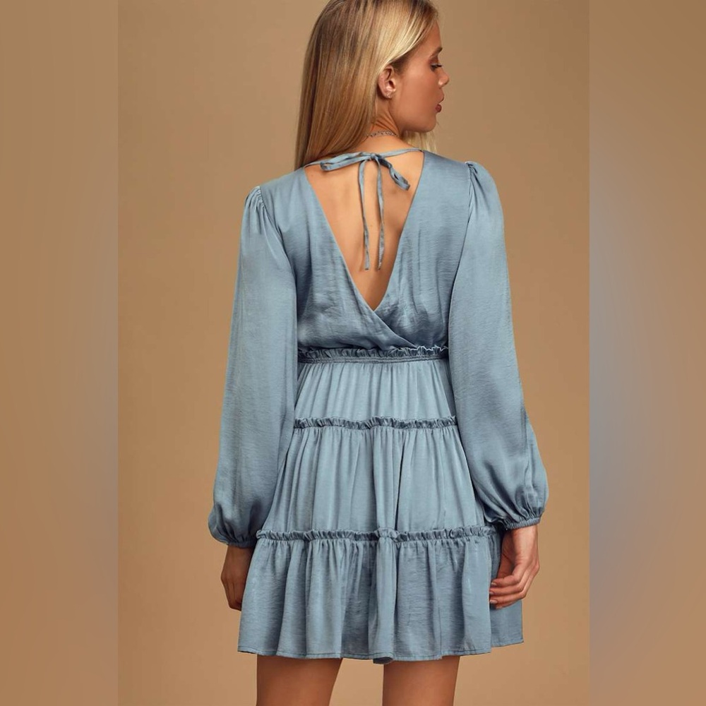Lulu's Moonstruck Slate Blue Satin Tiered Long Sleeve Mini Dress Size S V-Back - Picture 2 of 13